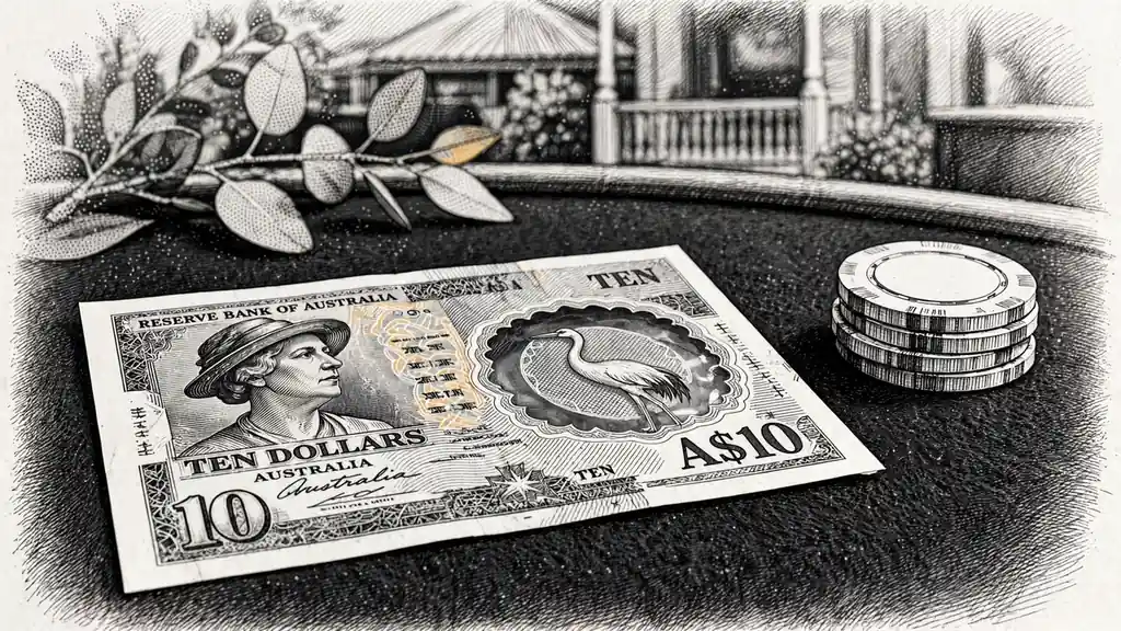 An Australian A$10 banknote beside a small stack of casino chips on a felt table.