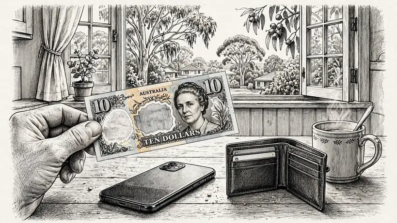 Hand holding a ten-dollar note over a phone on a kitchen table, Australian suburban home.