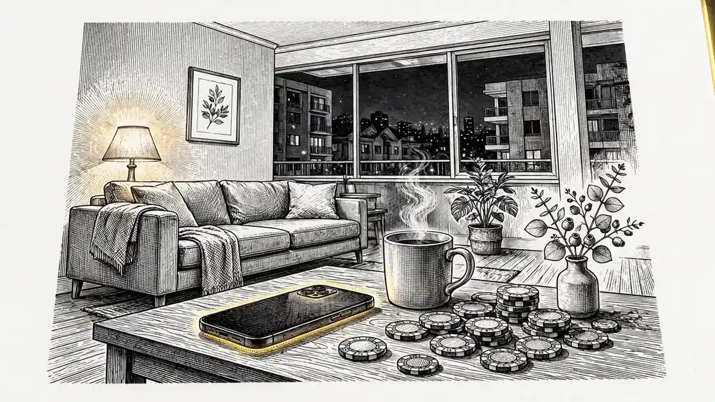 Casino chips, coffee mug, and a smartphone on a coffee table in a warm-lit living room.