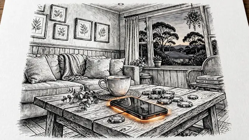 Smartphone on coffee table with chips and flat white, Australian living room at dusk