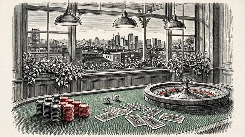 Casino table with chips, roulette wheel and Sydney skyline at dusk.