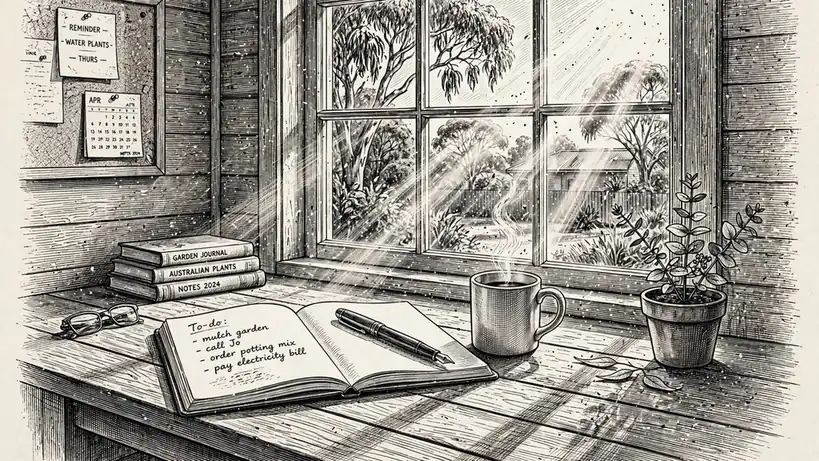 Sunlit home office desk with notebook, pen, mug, and eucalyptus plant