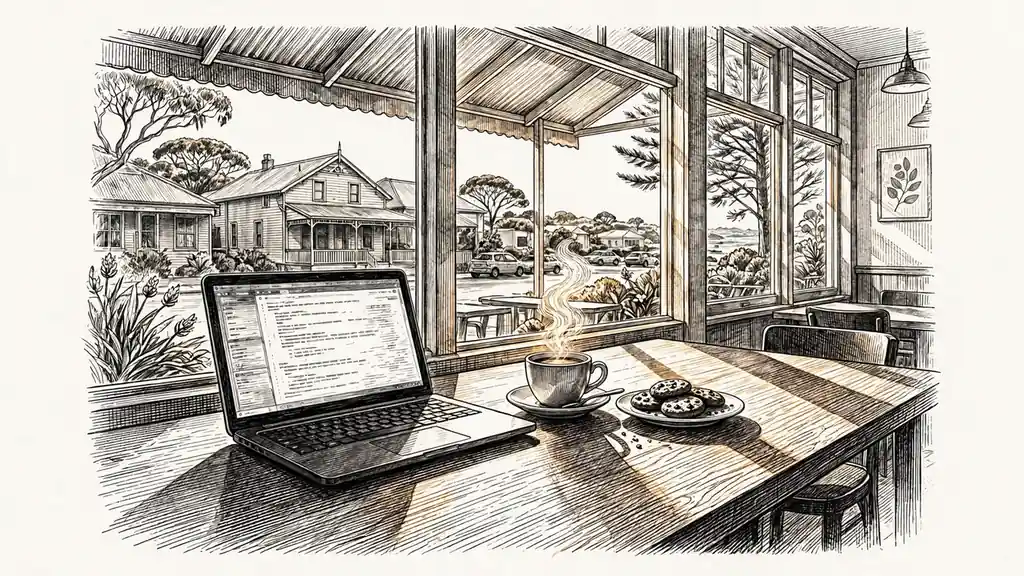 Laptop and cookies on a sunlit cafe table in Australia.