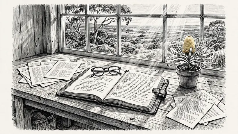 Notebook and reading glasses on a sunlit Australian home study desk.