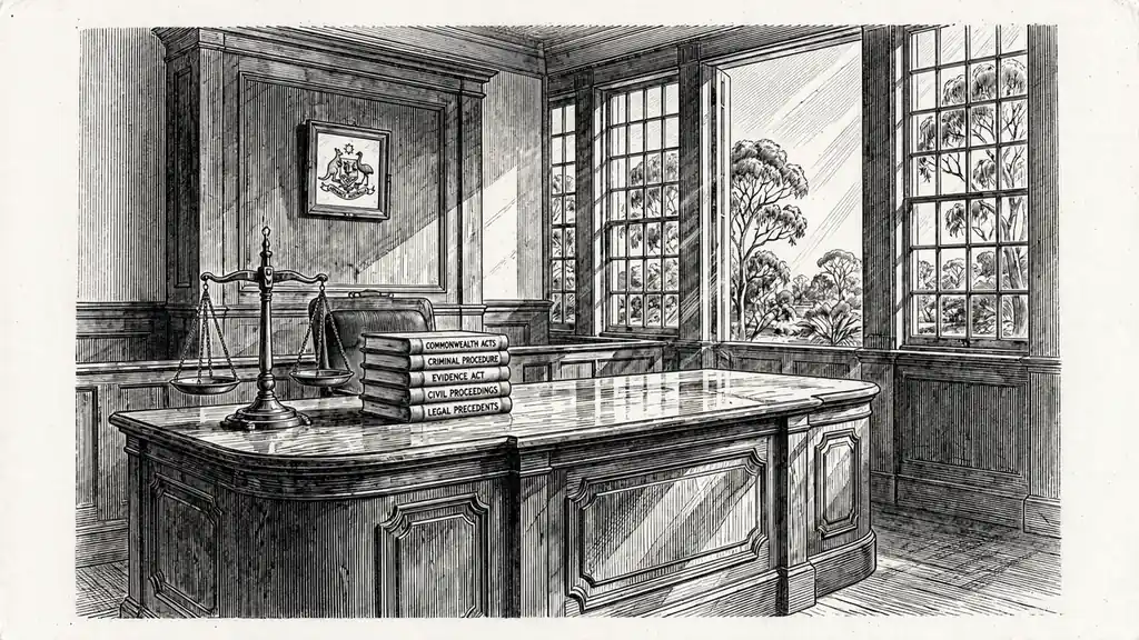 Australian courtroom interior with scales of justice on a wooden bench.
