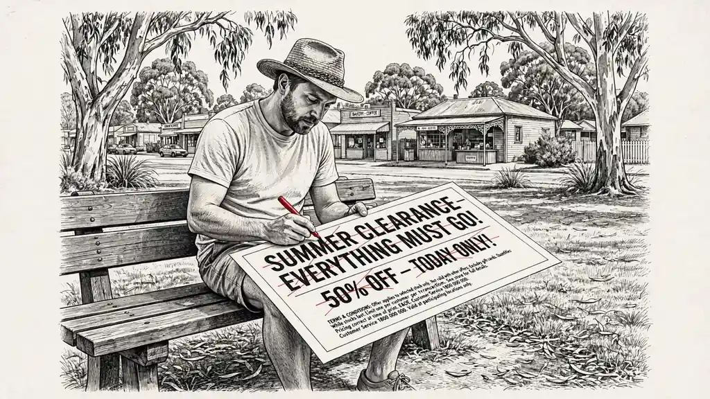 Person marking over promotional headlines of a printed advertisement with a red marker.