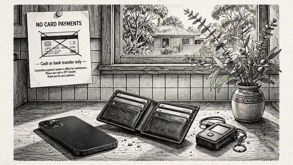 Smartphone, credit cards and a crypto wallet beside a printed deposit restriction notice on an Australian kitchen counter.