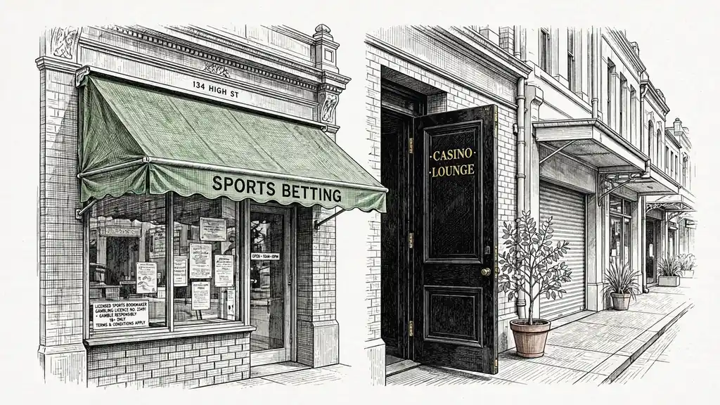 Two side-by-side doorways comparing an Australian sports betting shop and an unmarked offshore casino.