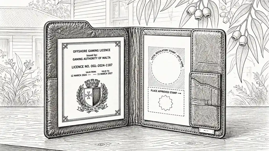 Document folder showing a foreign gambling licence next to a blank local regulatory slot.