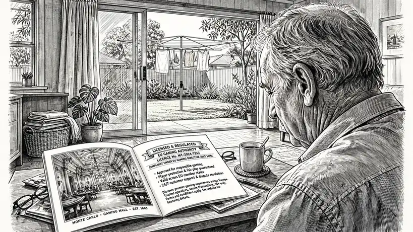 Australian retiree scrutinising an offshore casino brochure in a sunlit suburban living room.