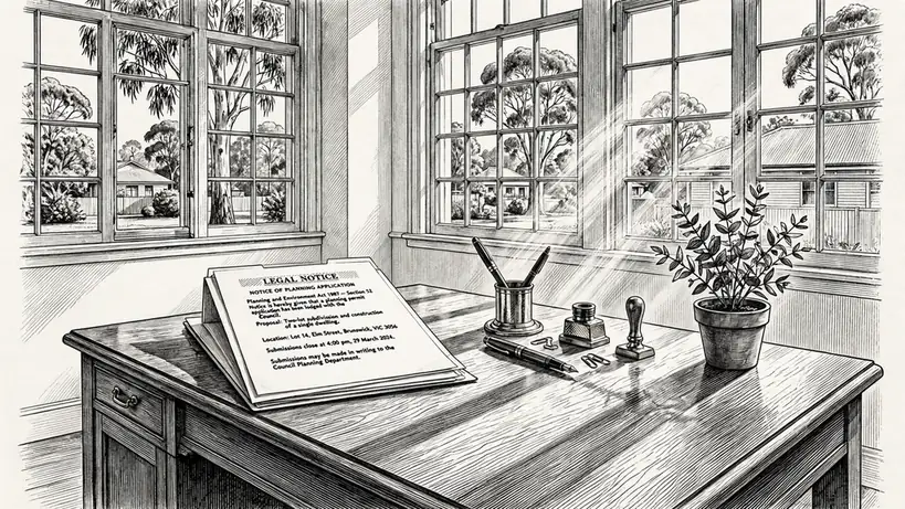 Legal notice document on a wooden office desk with fountain pen and eucalyptus plant