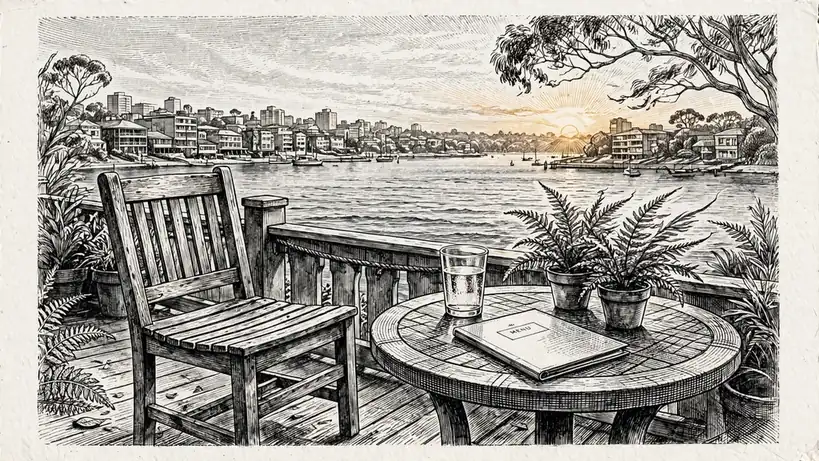 Empty pub patio chair in Sydney at sunset with a glass of water on the table.