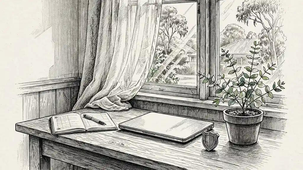 Sunlit home office desk with closed laptop, notebook, eucalyptus plant, and a small shield paperweight.