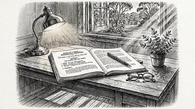 Legal document on a wooden desk with a lamp, glasses, and eucalyptus.